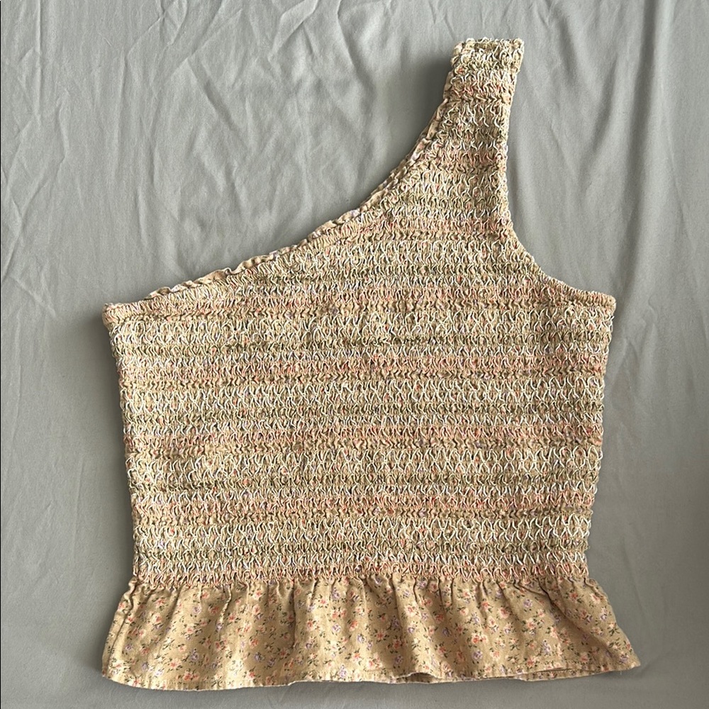 One-Shoulder Beige Smocked Top